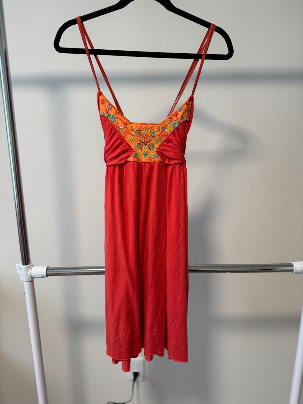 Free People Flower Embroidered Tank Cami Coral Boho Spaghetti Strap Top S/M
